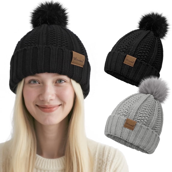 Loritta 2 Packs Womens Satin Silk Lined Beanie Knit Hat Woman Winter Hat with Pom Black and Gray