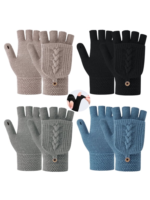 Lorrita Fingerless Gloves Warm Winter Gloves for Women Flip Knitted Gloves 4 Pack Blue, Black, Grey and Khaki
