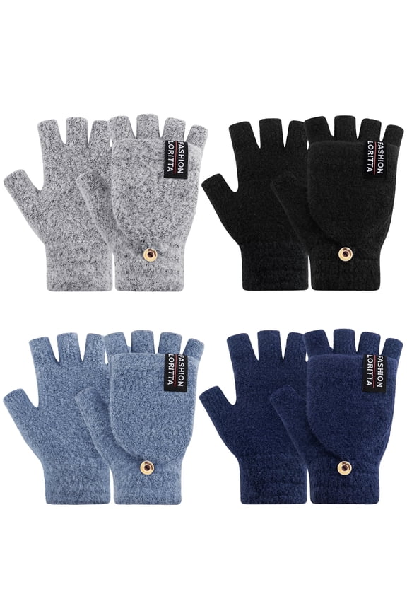 Lorrita Fingerless Gloves Warm Winter Gloves for Women Flip Knitted Gloves 4 Pack Dark Blue, Light Blue, Gray and Black