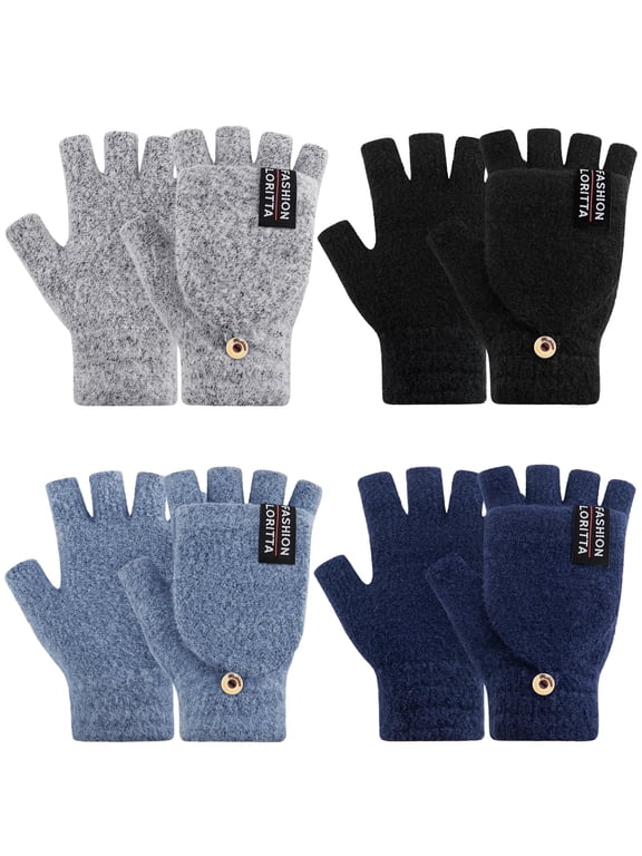 Lorrita Fingerless Gloves Warm Winter Gloves for Women Flip Knitted Gloves 4 Pack Dark Blue, Light Blue, Gray and Black