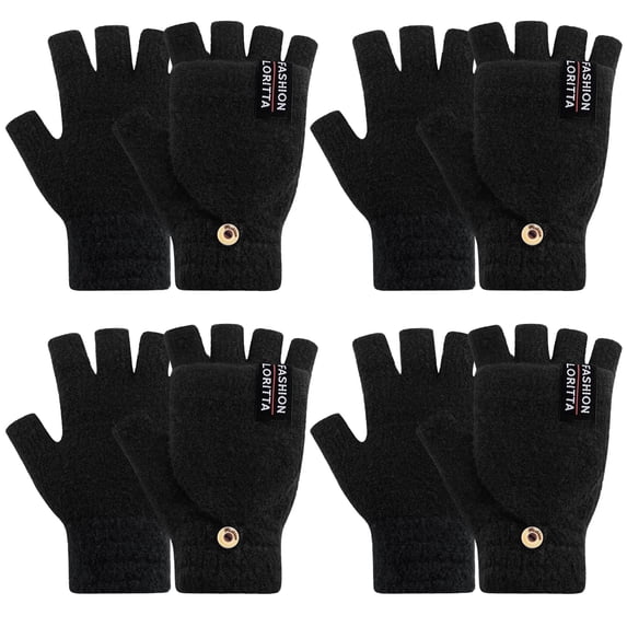 Lorrita Fingerless Gloves Warm Winter Gloves for Women Flip Knitted Gloves 4 Pack Black