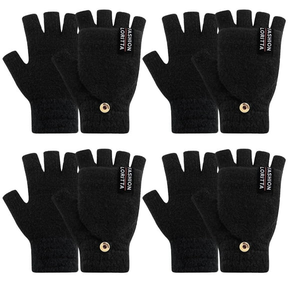 Lorrita Fingerless Gloves Warm Winter Gloves for Women Flip Knitted Gloves 4 Pack Black