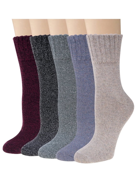 Wool Socks for Women, 5 Pairs Thermal Crew Winter Boot Socks, Shoe Size 5-9