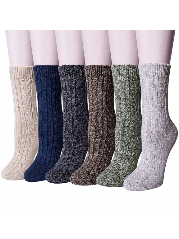 Wool Socks for Women, 6 Pairs Thermal Crew Winter Boot Socks, Shoe Size 5-9