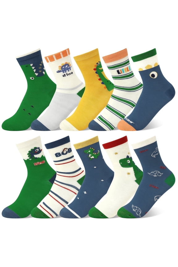 Lorrita Dinosaur Kids Socks for Boys Funny Cartoon Boys Socks Colorful Pattern Print Boys Crew Socks 4-7 Years 10 Pairs