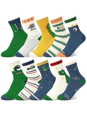 Lorrita Dinosaur Kids Socks for Boys Funny Cartoon Boys Socks Colorful Pattern Print Boys Crew Socks 4-7 Years 10 Pairs