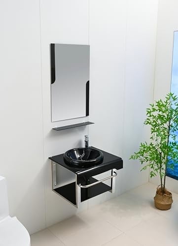 Lorixon 24" Modern Bathroom Vanity Set, Black Tempered Glass Top, Mirror, Shelves