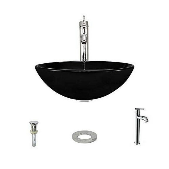 Lorixon-L101BL Black Glass Bowl Vessel Bathroom Sink,Faucet Pop-up Drain Set Combo bathroom sink