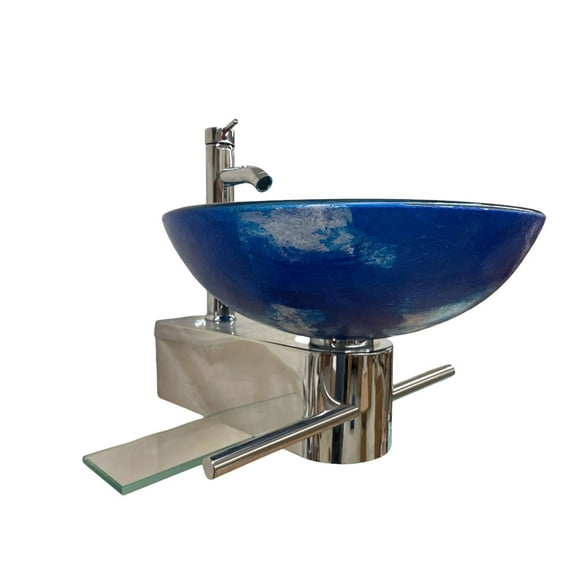 Lorixon Bathroom Vanity Wall Mounted Pedestal LV-003 Blue Glass Bowl Vessel Sink Shelving, 18"