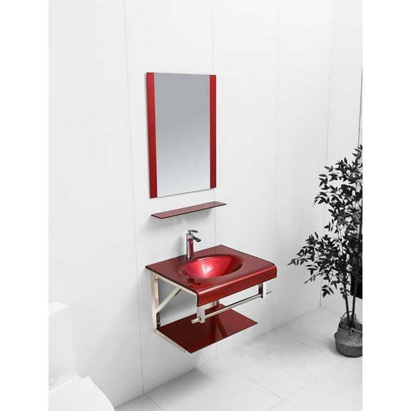 Lorixon Modern Wall-Mounted Bathroom Vanity Set, Red Glass Top with Sink, Mirror and Shelves, Contemporary Floating Design