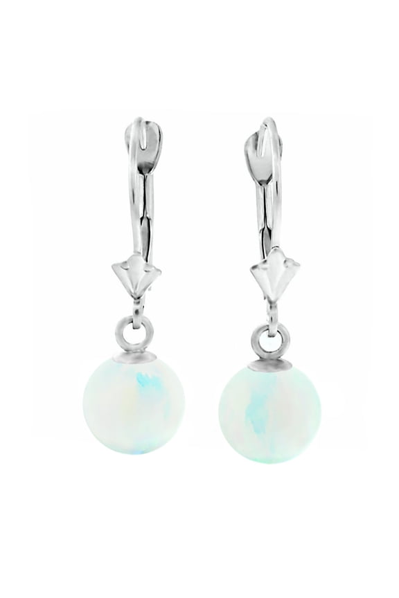 Lorraine: 10mm Fiery White Synthetic Opal Ball Lever Back Earrings 14K White Gold