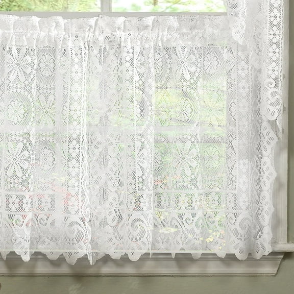 Lorraine Home Fashions Heavy Floral White Lace Kitchen Curtain, 36” x 58” (2 Panels)