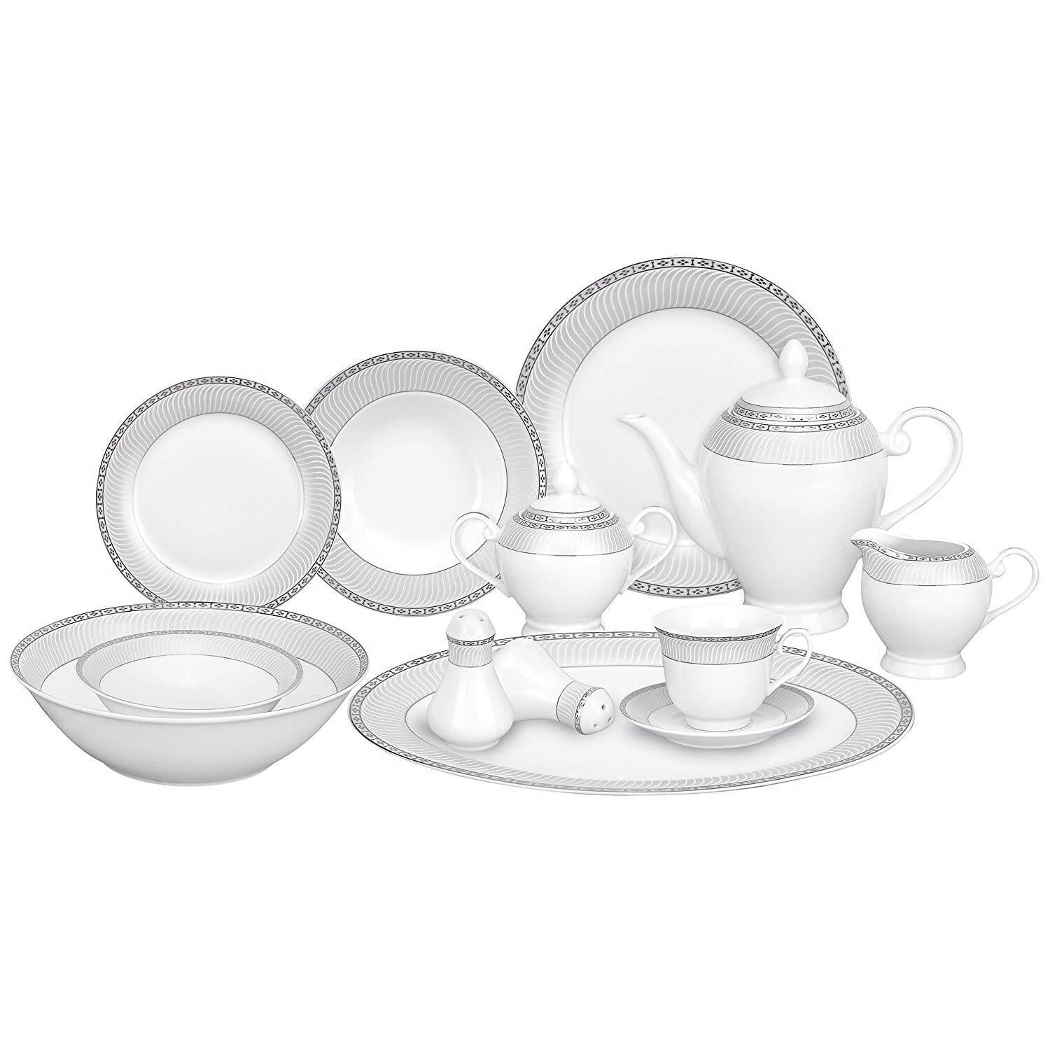 57-Piece Porcelain Dinnerware Set with Silver Border, Service for 8