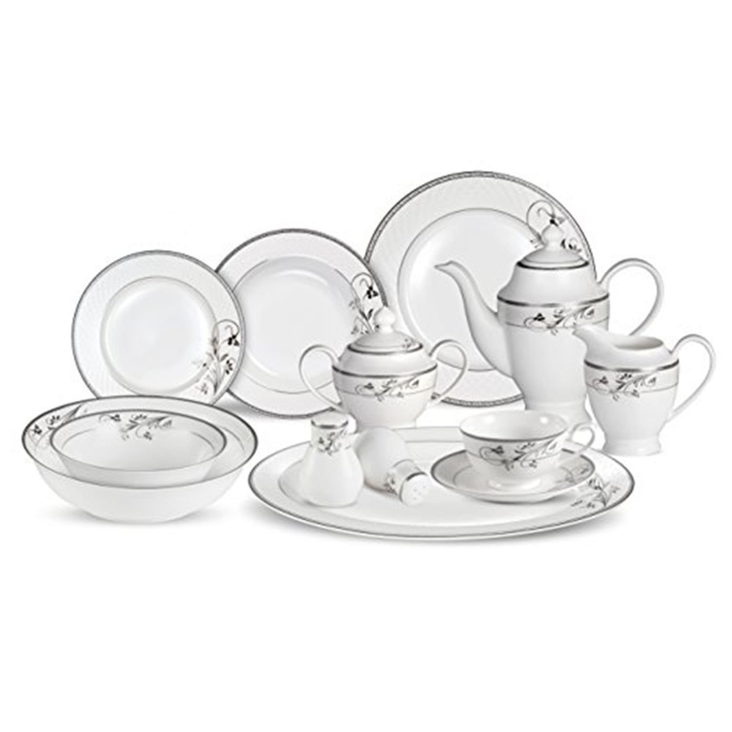 Elegant Silver Floral Bone China Dinnerware Set for 8