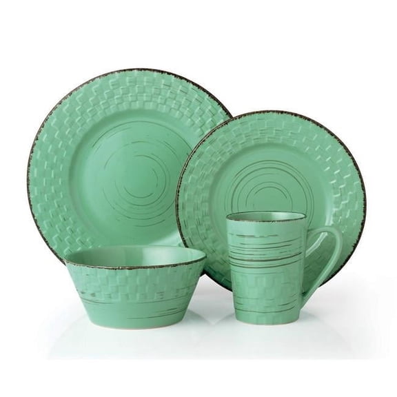 Lorren Home Trends LH517 16 Piece Distressed Weave Dinnerware Set, Green