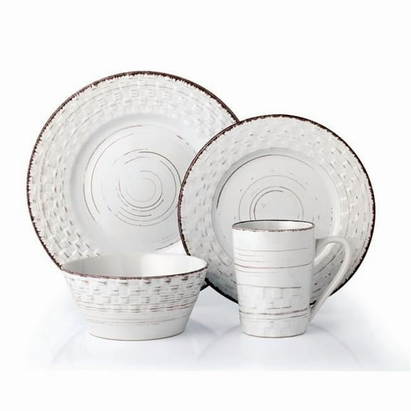Lorren Home Trends LH514 16 Piece Distressed Weave Dinnerware Set, White