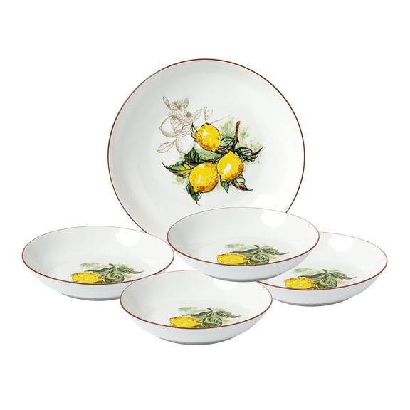 Lorren Home Trends 5 Piece Porcelain Pasta Set, 1 Serving Bowl and 4 Individual Bowls, Lemon Design