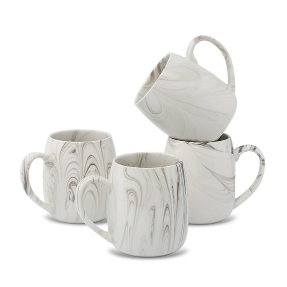 Lorren Home Trends Marble Pattern Stoneware Coffee Mugs, Brown and White Swirl Design, Set of 4