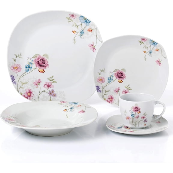 Lorren Home Trends Small Floral Design Square Dinnerware Set, 20 Piece