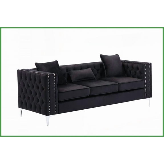 Lorreto 86" Black Velvet Glam Living Room Sofa – Button Tufted with Nailhead Trim