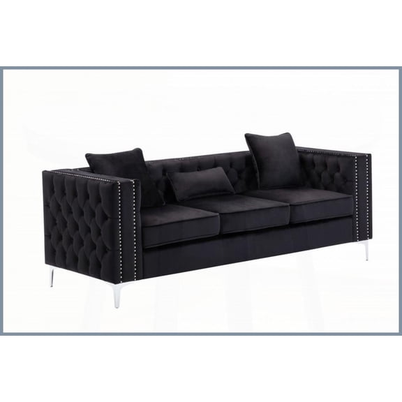 Lorreto 86" Black Velvet Glam Sofa with Button Tufting for Living Room