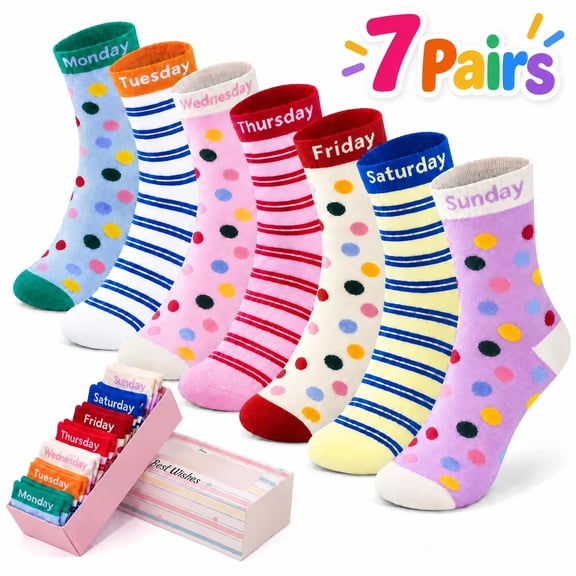 Lorrita Toddler Socks for Girls Funny 7 Days of the Week Cotton Little Girl Socks Novelty Girl Socks Gift Box, 7-10 Years Old