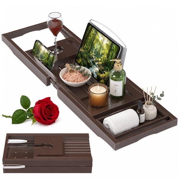 Lorveina Bamboo Bathtub Tray Caddy for Tub Expandable Foldable Brown