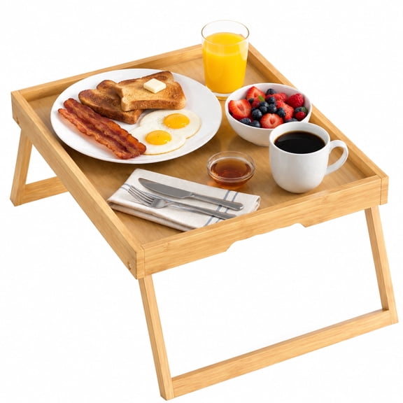Lorveina Bamboo Bed Tray Table with Foldable Legs Breakfast Serving Tray Laptop Desk for Sofa Bed Eating Working Snacks Natural