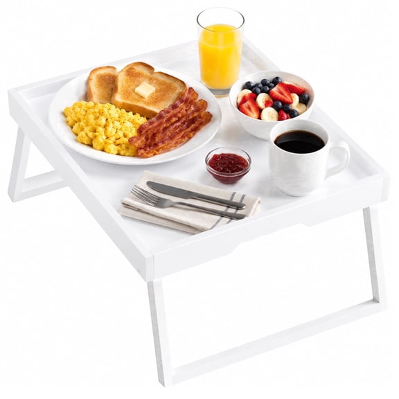 Lorveina Bamboo Bed Tray Table with Foldable Legs Breakfast Serving Tray Laptop Desk for Sofa Bed Eating Working Snacks White