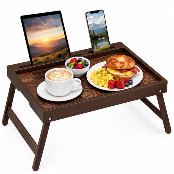 Lorveina Bamboo Bed Tray Table with Foldable Legs Detachable Stand Breakfast Serving Tray Laptop Tablet Phone Slot Vintage Walnut