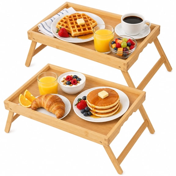 Lorveina Bamboo Bed Tray Table with Folding Legs Breakfast Serving Tray Laptop Desk for Bed Sofa Eating and Snacks, 2 pack, Natural