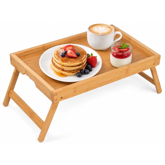 Lorveina Bamboo Bed Tray Table with Folding Legs Breakfast Serving Tray Laptop Desk for Bed Sofa Eating and Snacks, Natural