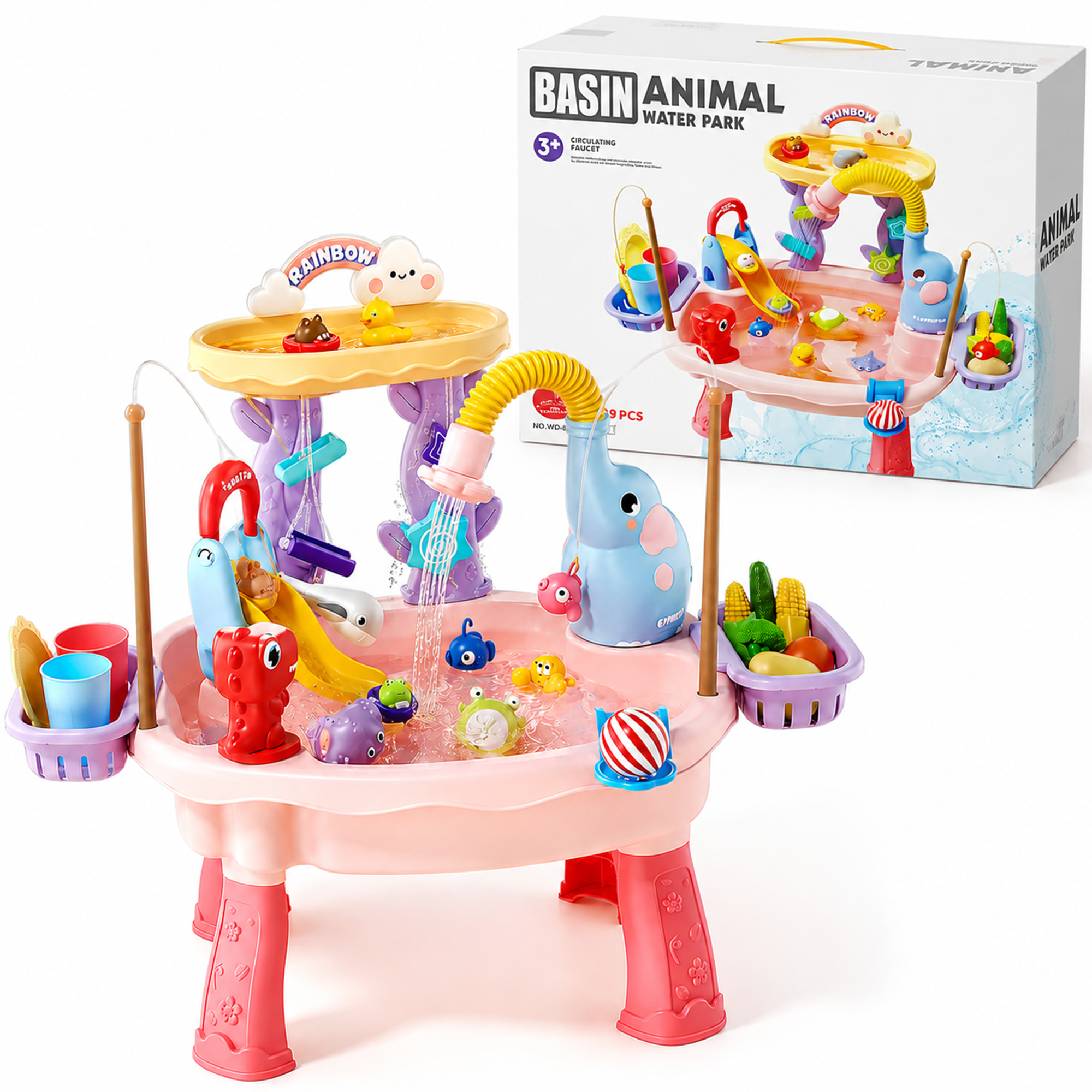 Lorveina Sand and Water Activity Table for Toddlers with Electric Pump Play Kitchen Sink Fishing Game Outdoor Backyard Pink Ages 3 and up
