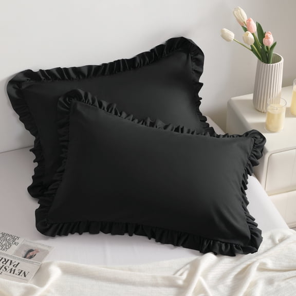 Lorviah 2 Pack Ruffle Pillow Cases, Ultra Soft & Breathable 20"x26" Standard Size Ruffled Pillow Covers, Pillow Shams with Envelope Closure, Black