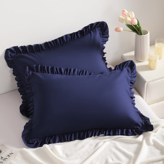 Lorviah 2 Pack Ruffle Pillow Cases, Ultra Soft & Breathable 20"x30" Queen Size Ruffled Pillow Covers, Pillow Shams with Envelope Closure, Navy Blue