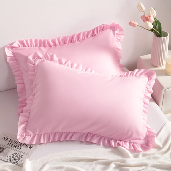 Lorviah 2 Pack Ruffle Pillow Cases, Ultra Soft & Breathable 20"x30" Queen Size Ruffled Pillow Covers, Pillow Shams with Envelope Closure, Pink