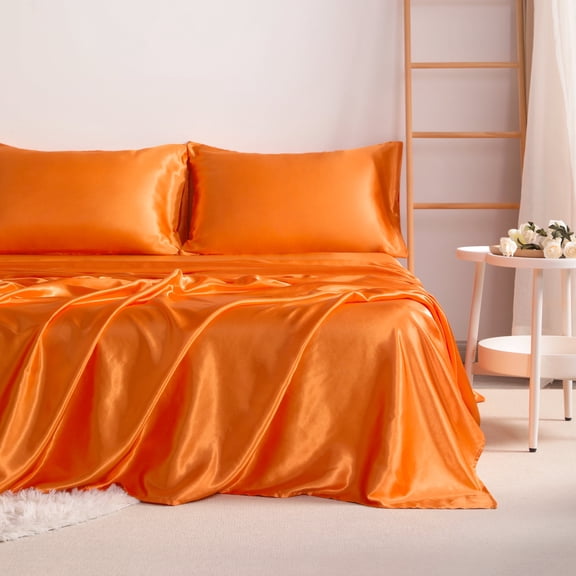 Lorviah 3 Piece Satin Sheet Set Twin Size - Silky Soft Cooling Bedding - Includes Deep Pocket Fitted Sheet, Flat Sheet & Pillowcase - Orange