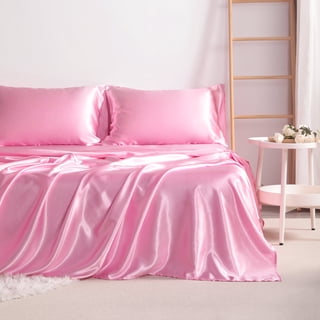 Lorviah 3 Piece Satin Sheet Set Twin Size - Silky Soft Cooling Bedding - Includes Deep Pocket Fitted Sheet, Flat Sheet & Pillowcase - Pink