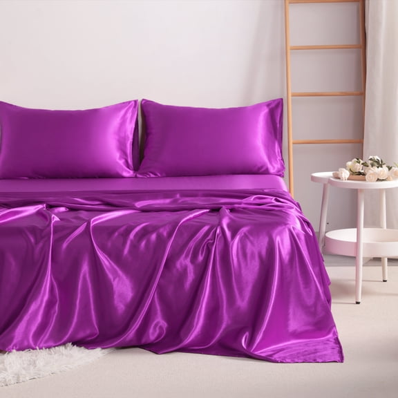 Lorviah 3 Piece Satin Sheet Set Twin Size - Silky Soft Cooling Bedding - Includes Deep Pocket Fitted Sheet, Flat Sheet & Pillowcase - Purple
