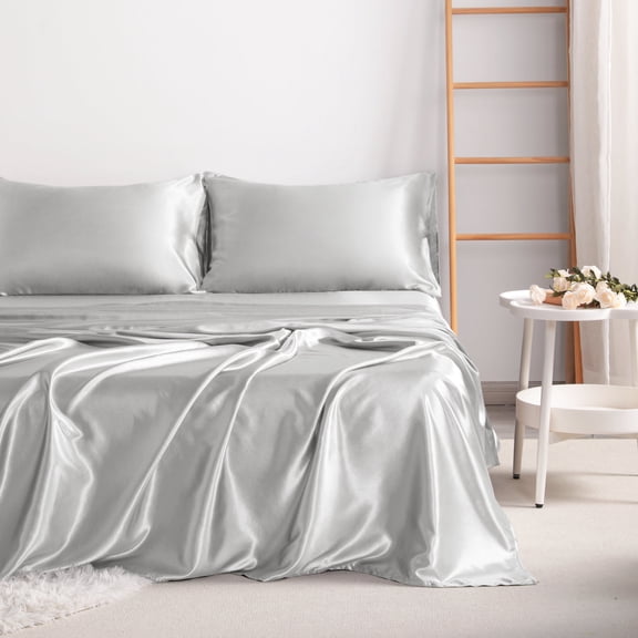 Lorviah 3 Piece Satin Sheet Set Twin Size - Silky Soft Cooling Bedding - Includes Deep Pocket Fitted Sheet, Flat Sheet & Pillowcase - Silver Gray