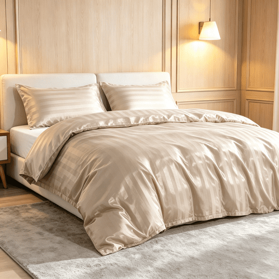 Lorviah 3 Piece Striped Satin Duvet Cover Set Twin Size, Soft & Hair/Skin Friendly, Taupe