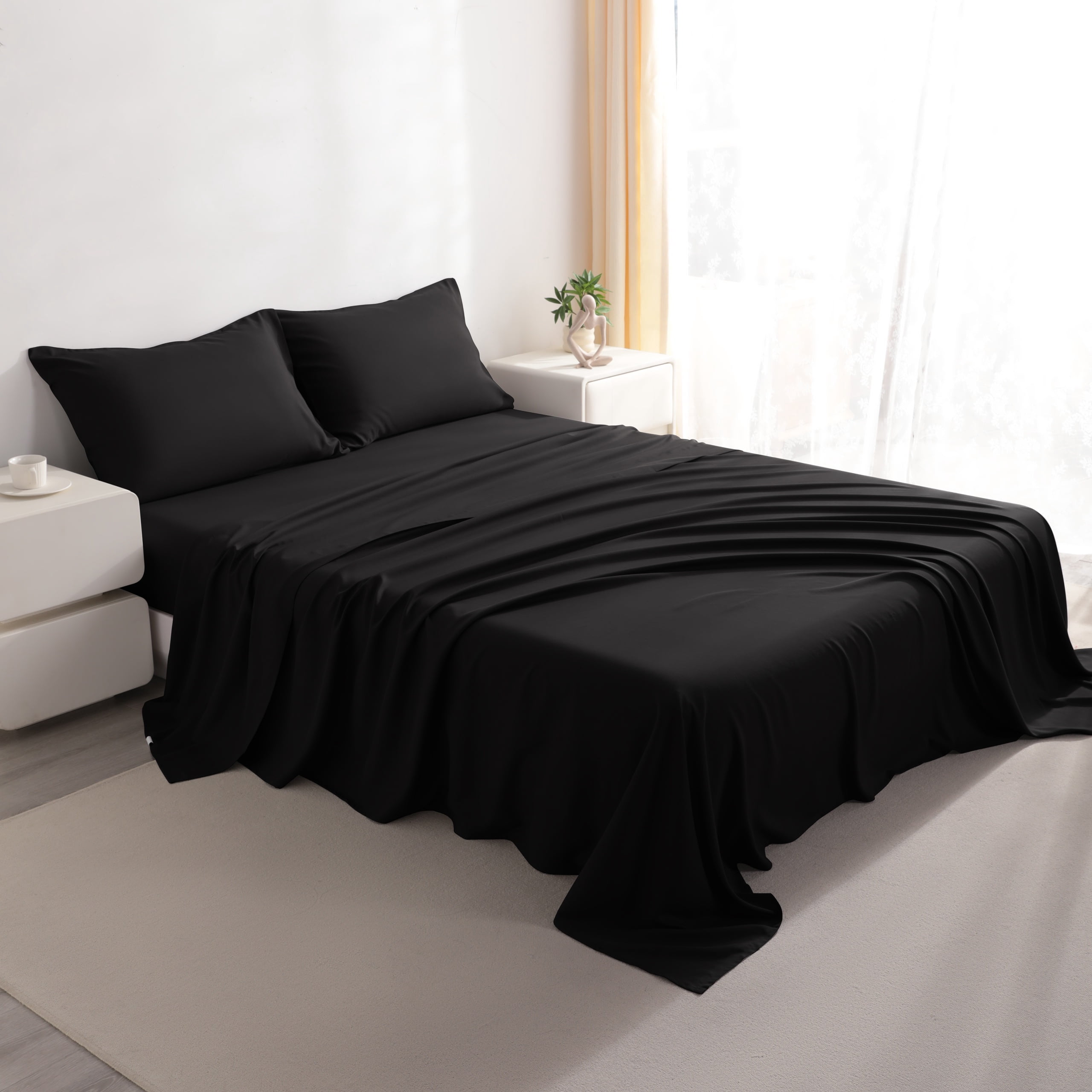 Lorviah 4 Piece Bamboo Sheet Sets King Size - Cooling, Breathable & Ultra soft Bedding - Includes Deep Pocket Fitted Sheet, Flat Sheet & Pillowcase - Black