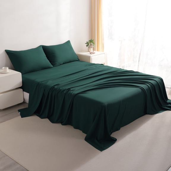 Lorviah 4 Piece Bamboo Sheet Sets King Size - Cooling, Breathable & Ultra soft Bedding - Includes Deep Pocket Fitted Sheet, Flat Sheet & Pillowcase - Emerald Green