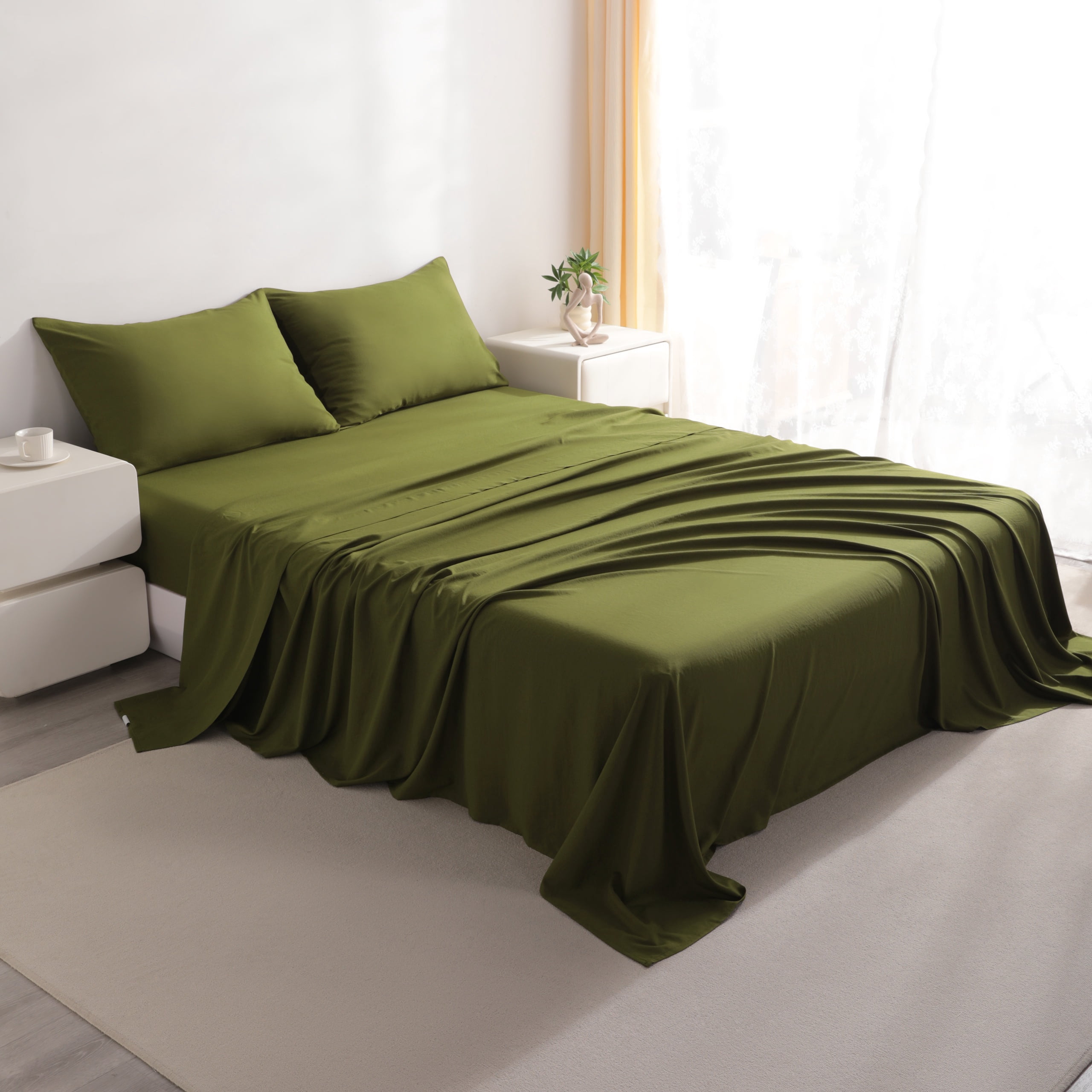 Lorviah 4 Piece Bamboo Sheet Sets Queen Size - Cooling, Breathable & Ultra soft Bedding - Includes Deep Pocket Fitted Sheet, Flat Sheet & Pillowcase - Army Green