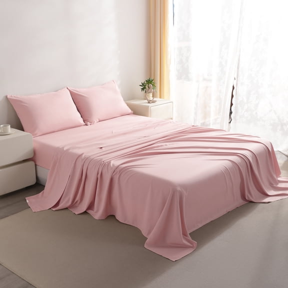 Lorviah 4 Piece Bamboo Sheet Sets Queen Size - Cooling, Breathable & Ultra soft Bedding - Includes Deep Pocket Fitted Sheet, Flat Sheet & Pillowcase - Light Pink