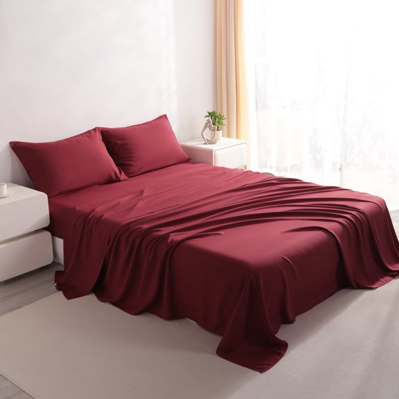 Lorviah 4 Piece Bamboo Sheet Sets Queen Size - Cooling, Breathable & Ultra soft Bedding - Includes Deep Pocket Fitted Sheet, Flat Sheet & Pillowcase - Wine Red