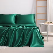 Lorviah 4 Piece Satin Sheet Set California King Size - Silky Soft Cooling Bedding - Includes Deep Pocket Fitted Sheet, Flat Sheet & Pillowcase - Dark Green