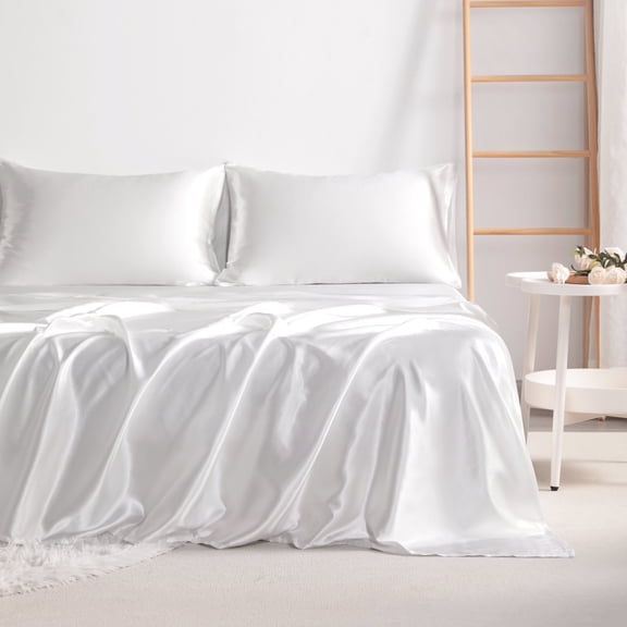 Lorviah 4 Piece Satin Sheet Set California King Size - Silky Soft Cooling Bedding - Includes Deep Pocket Fitted Sheet, Flat Sheet & Pillowcase - White
