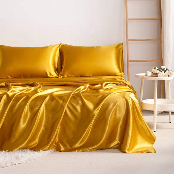 Lorviah 4 Piece Satin Sheet Set King Size - Silky Soft Cooling Bedding - Includes Deep Pocket Fitted Sheet, Flat Sheet & Pillowcase - Gold Yellow