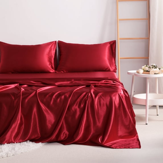Lorviah 4 Piece Satin Sheet Set Queen Size - Silky Soft Cooling Bedding - Includes Deep Pocket Fitted Sheet, Flat Sheet & Pillowcase - Wine Red